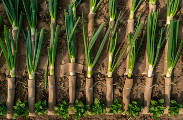 Fototapeta premium green onion planted vegetable garden which many row of growing onion wrapped burlap strip protect against wind sun exposure background feature brown soil field green leaf yellow stolon visible under