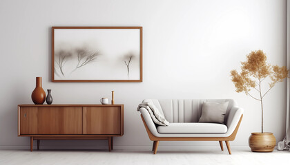 A midcentury modern living room with a wooden sideboard a white sofa and a tree in the corner