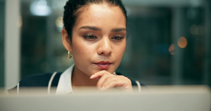 Laptop, project management and thinking with business woman in office at night for research. Administration, computer and problem solving with face of employee in creative workplace for design