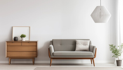 Stylish midcentury modern living room interior with grey sofa wooden commode plants and elegant white lamp