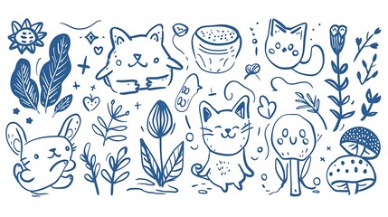Fototapeta premium Cute Doodle Drawing Featuring Animals, Plants, and Mushrooms in Blue Line Art Style