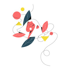 Woman Face and Head with Leaf and Line with Shapes Vector Illustration. Abstract Female and Flora Composition