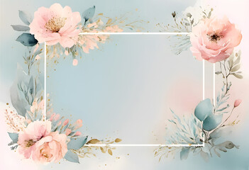 A watercolor floral frame with leaves and flowers surrounding a blank white center. The design is delicate and elegant, suitable for invitations, wedding or greeting cards.