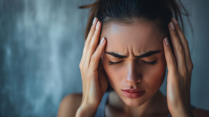 Fototapeta premium Kopfschmerzen Person hält Kopf mit Händen Schmerz erkennbarer Gesichtsausdruck für Migräne Generative AI