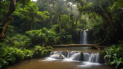 A lush green forest with a waterfall in the middle. The waterfall is surrounded by trees and the water is calm. The scene is peaceful and serene