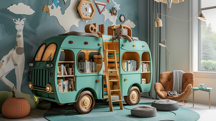 Naklejka premium a bus shaped bookshelf in kids nursery room