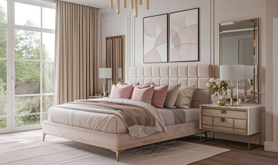 Bedroom Italian Style Interior in White Beige Color. Headboard. Bed, Bed Tables with Brass, Mirrors, Pillows, Lamp, Furniture, Home Decor, Window, Art Work
