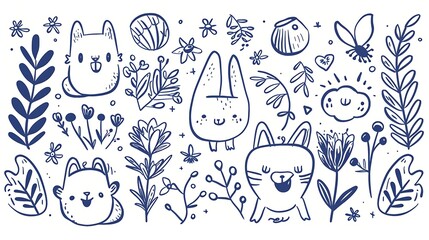 Whimsical Hand-drawn Animal and Plant Doodles on White Background