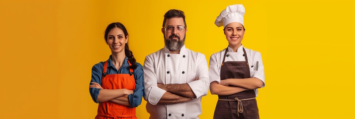Multiracial team of chefs and bakers in uniform with crossed arms, culinary teamwork concept