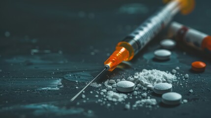 Medicines on a white background: tablets in blister and loose, ampoules with liquid and powder, syringe