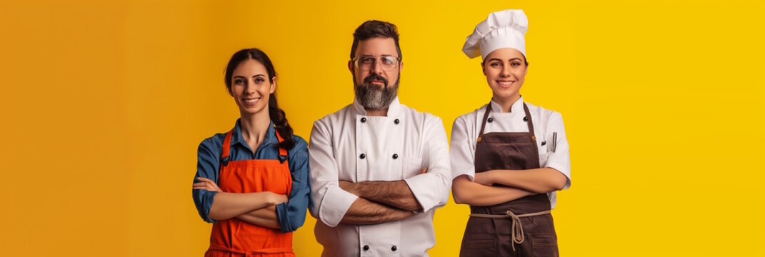 Multiracial team of chefs and bakers in uniform with crossed arms, culinary teamwork concept - Powered by Adobe