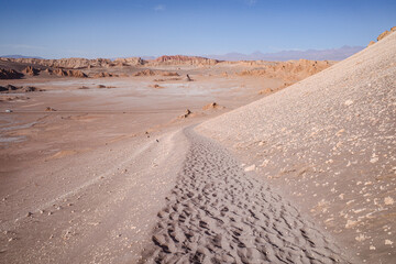 San Pedro de Atacama, Chile - Nov 29, 2023: Sand dunes and rock formations in the Valley of the Moon, Atacama Desert