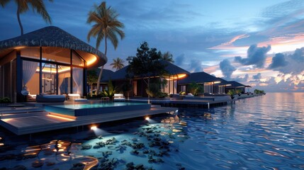 Obraz premium Blueprints of a luxurious island resort with overwater bungalows and innovative design