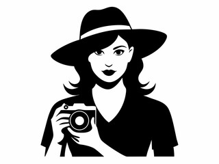 Vector illustration of a woman photographer holding a DSLR camera and wearing a hat