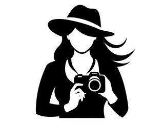 Vector illustration of a woman photographer holding a DSLR camera and wearing a hat