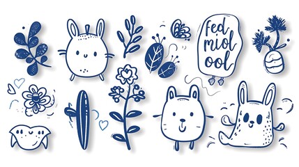 Cute Cartoon Animals and Nature Elements Doodle Illustration