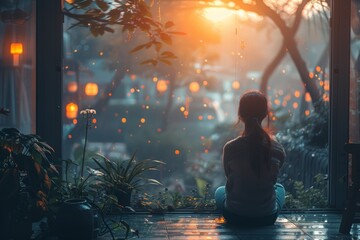 A young woman sitting by the window at dusk, surrounded by indoor plants, gazing at the soft glow of lanterns in a tranquil garden scene