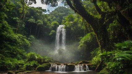 Fototapeta premium A lush green forest with a waterfall in the middle. The waterfall is surrounded by trees and the water is calm. The scene is peaceful and serene
