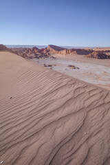 San Pedro de Atacama, Chile - Nov 29, 2023: Sand dunes and rock formations in the Valley of the Moon, Atacama Desert