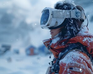 Arctic Research Station with VR Headset User Exploring Snowy Landscapes and Scientific Gear