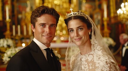 A joyous moment captured at a radiant wedding ceremony, showcasing the bride and groom embracing their special day in an ornate church setting