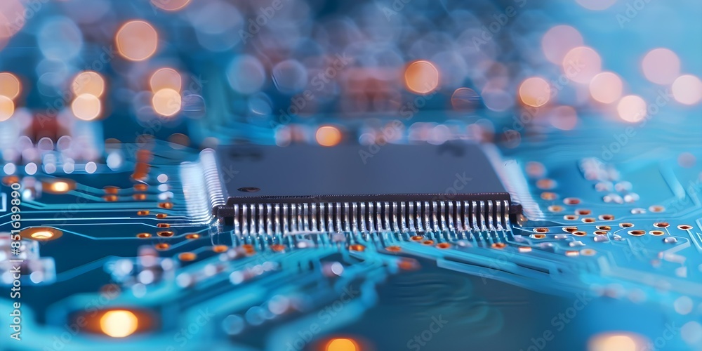 Poster electronic components on a circuit board centered professional photo copy space selective focus. con