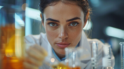 Female chemist analyzing a sample with glassware in a pharmaceutical lab