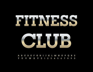 Vector stylish icon Fitness Club. Trendy Silver 3D Font. Modern Steel Alphabet Letters and Numbers.