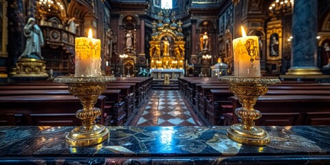 Obraz premium Two candles on ornate golden candlesticks illuminating a lavishly decorated church interior with intricate architectural details