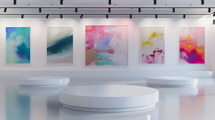 Minimalist White Circular Podium in Contemporary Art Gallery with Abstract Paintings on Walls