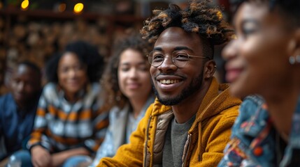 A group of people are sitting together, one of them is smiling