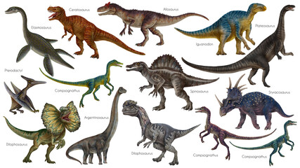 Dinosaur set. Dino illustration. Carnivores and herbivores. Allosaurus, Elasmosaurus, Compsognathus, Iguanodon, Plateosaurus, Spinosaurus, Pterodactyl, Ankylosaurus