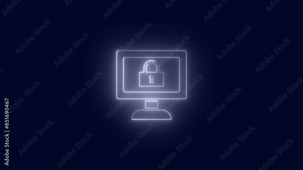 Aufkleber glowing neon line desktop with lock shield. concept of computer security and safety.