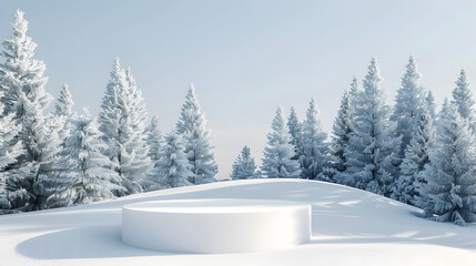 Fototapeta premium Snowy Serenity: White Podium Among Pine Trees in Winter Wonderland