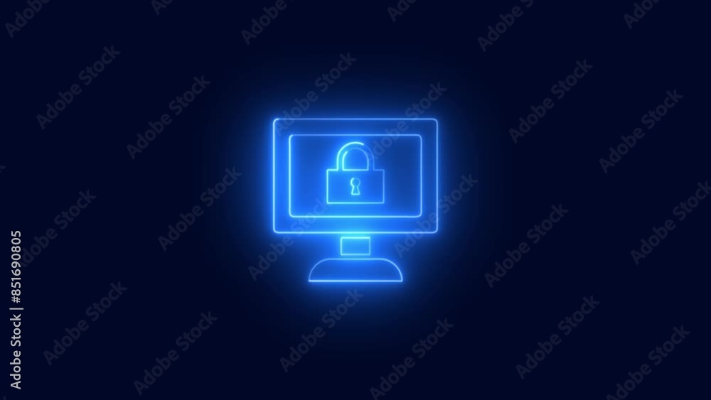 Aufkleber glowing neon line desktop with lock shield. concept of computer security and safety.