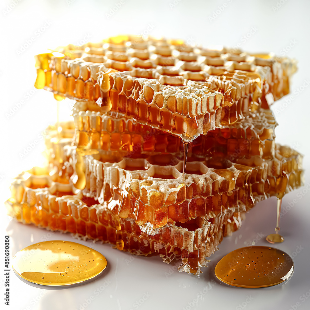 Poster a stack of honeycomb sits on a table, dripping with golden honey, highlighting the natural sweetness