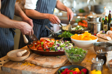 Naklejka premium A vibrant photo of a family preparing a sustainable meal together in a modern kitchen, with an emphasis on fresh ingredients and minimal waste