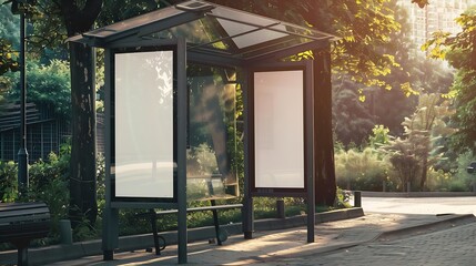 bus shelter blank ad panel billboard display empty white lightbox sign at busstop glass and aluminum structure city transit station urban street and green park setting outdoor advertis : Generative AI