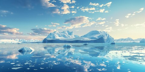 A photo of an Arctic ice sheet that is melting, with floating blocks of ice in front of polar mountains and a blue sky at sunset. This illustrates the concept of climate change and global warming.
