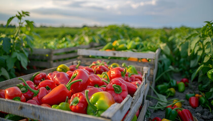 fresh harvested sweet paprika pepers in boxes in the field