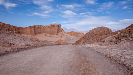 San Pedro de Atacama, Chile - Nov 29, 2023: Sand dunes and rock formations in the Valley of the Moon, Atacama Desert
