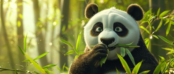 Panda chewing on bamboo in a serene forest, representing calmness and gentle demeanor, a symbol of peace