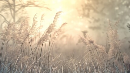 Fototapeta premium Wild grass in the field with sunbeams, forest at sunset, summer nature background with soft beige colors