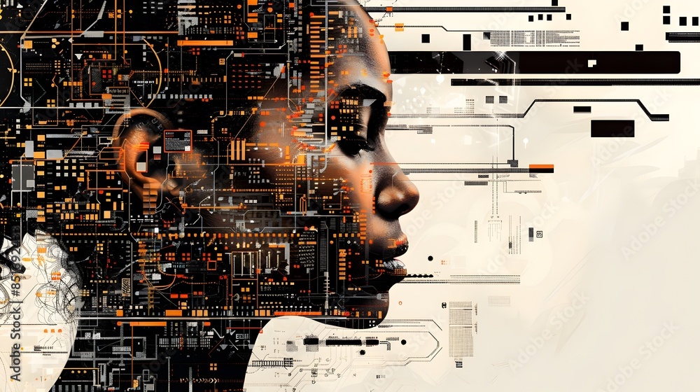 Aufkleber futuristic artificial intelligence cyborg digital art with glitch effect and high-tech circuit