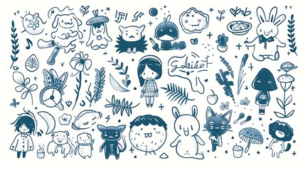 Cute Hand-Drawn Doodles of Animals, Plants & Characters in Blue Ink Style