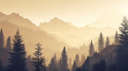 Misty landscape with fir forest vintage retro style with soft beige colors, pine trees