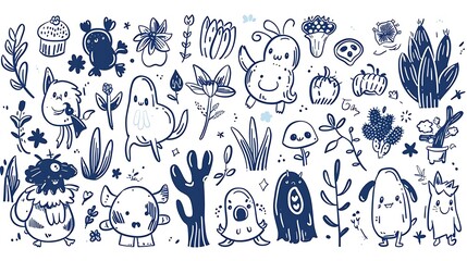 Whimsical Forest Creatures and Plants in Doodle-Style Illustration