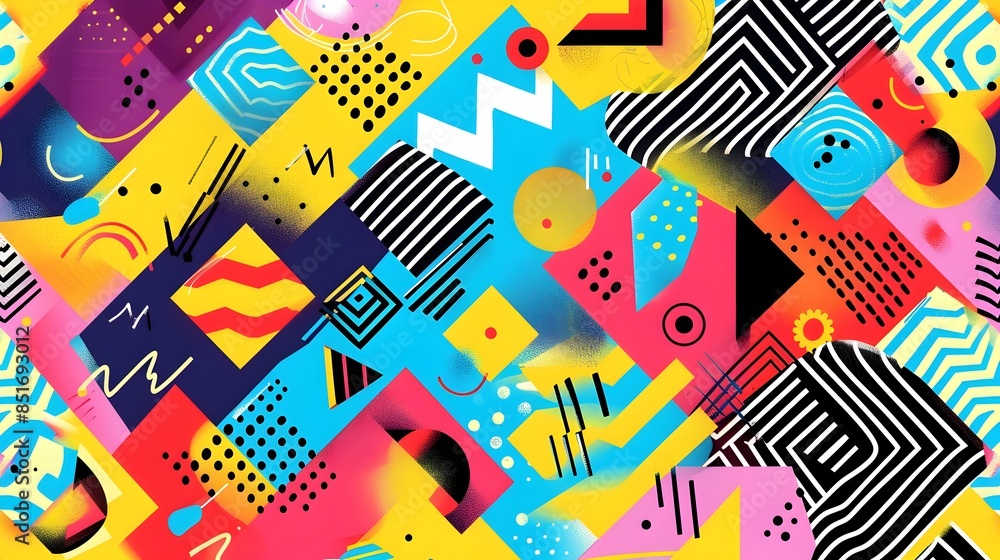Poster vibrant geometric abstract art with colorful shapes and patterns