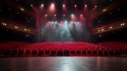 Empty comfortable chairs seats in hall, empty stage before the start of the performance, waiting for the show