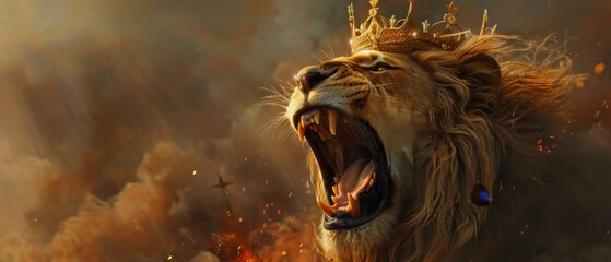 A fierce lion with a royal crown atop its head, roaring loudly, asserting its dominance and sovereignty over the land
